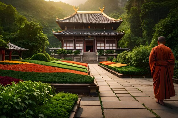 Foto un jardín con una pagoda al fondo.