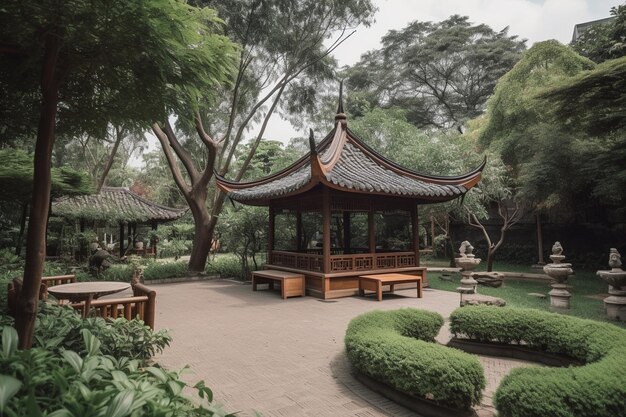 Un jardín con una pagoda en el centro.