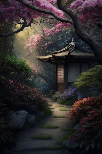 Un jardín con una pagoda y flores.