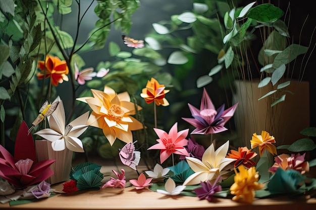 Jardín de papel con flores y follaje de origami creado con inteligencia artificial generativa