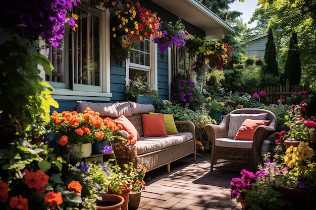 Foto un jardín de patio lleno de flores vibrantes que muestra contenedores de colores