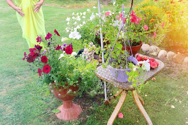 Jardín en el patio con mesa y macetas con flores en césped verde