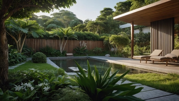 Jardín de patio trasero moderno con piscina