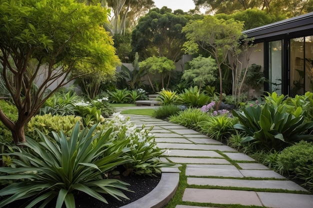 Foto jardín de patio trasero moderno con piscina