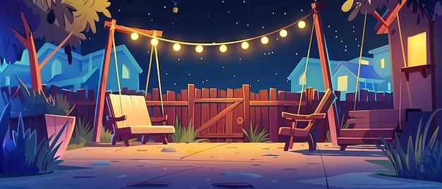 Jardín del patio trasero con muebles y valla por la noche Ilustración moderna que muestra casas luces de guirnaldas sillón de madera mesa y columpio bajo un cielo estrellado oscuro