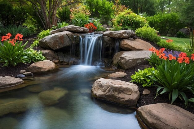 Foto un jardín con una pequeña cascada de roca