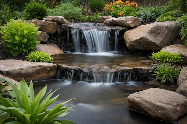 Foto un jardín con una pequeña cascada de roca