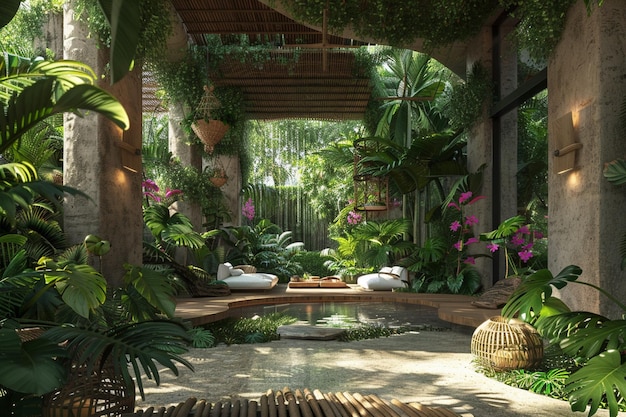 un jardín con plantas y flores y plantas en el fondo