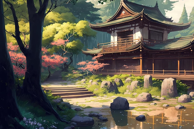 Jardín de primavera japonés Pintura de paisaje Jardín de Japón Acuarela Resumen Generativo AI Ilustración
