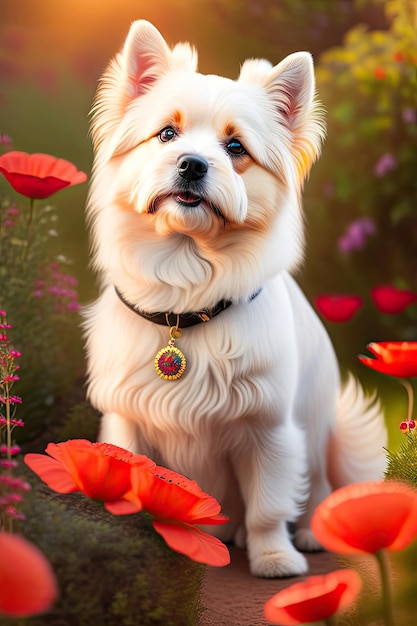 en el jardín primer plano de un lindo perro blanco peludo en un jardín exuberante