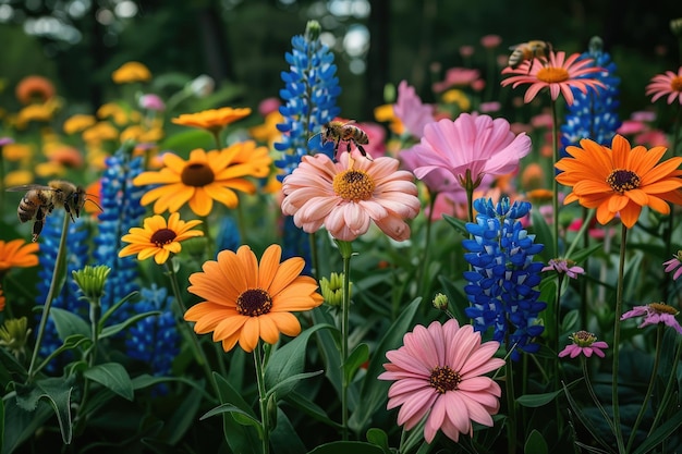Un jardín próspero con flores de colores, abejas zumbando y una atmósfera pacífica.