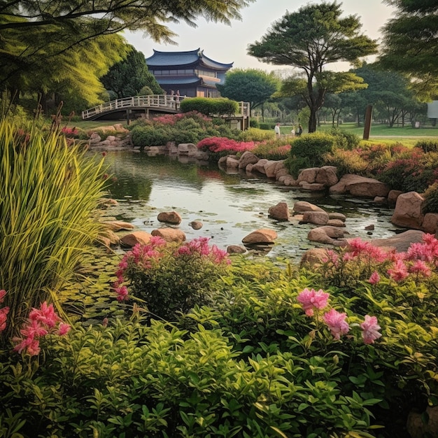 Un jardín con un puente y flores delante.