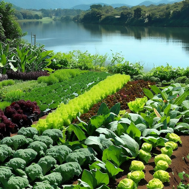 Un jardín con un río al fondo.