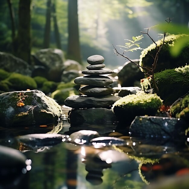 Jardín de roca Zen con arroyo y piedras cubiertas de musgo Belleza tranquila Marco de fotos Escena social