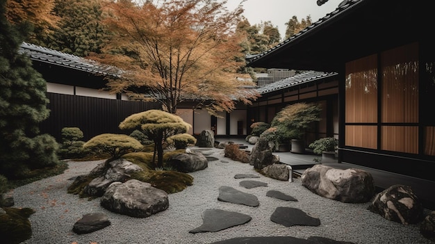 Un jardín con rocas y árboles frente a un edificio.