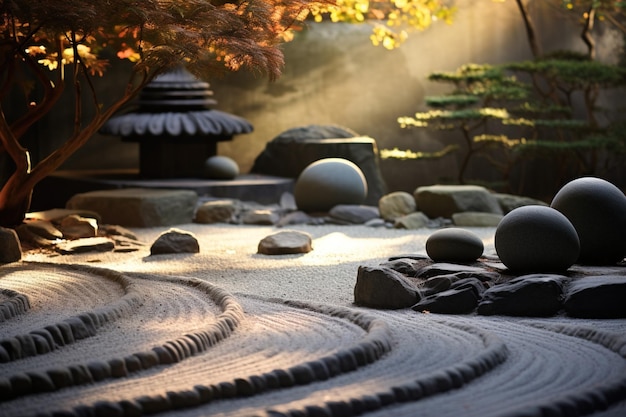 Foto un jardín de rocas zen tocado por la suave luz de la mañana