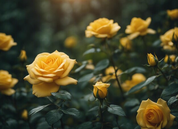 Un jardín de rosas amarillas