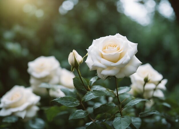 Un jardín de rosas blancas