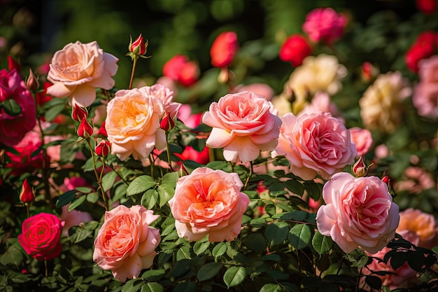 Jardín de rosas coloridas mariposas y abejas Perfume suave en el aire generativo IA