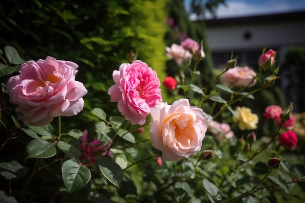 Un jardín con rosas frente a una casa.