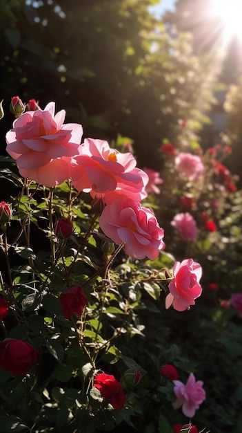 Un jardín con rosas a la luz del sol.