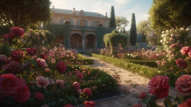 Un jardín con rosas en el medio.