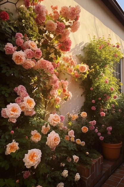 Un jardín con rosas y un muro de flores.