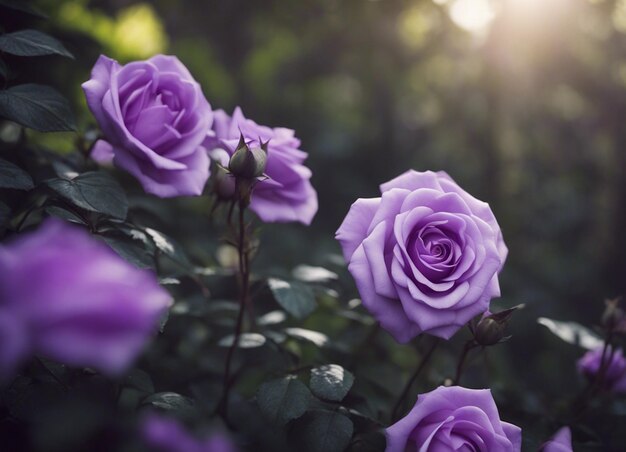 Un jardín de rosas púrpuras