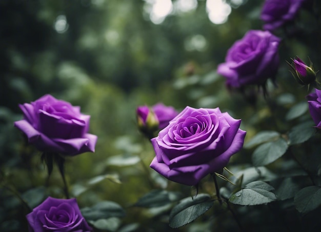 Un jardín de rosas púrpuras