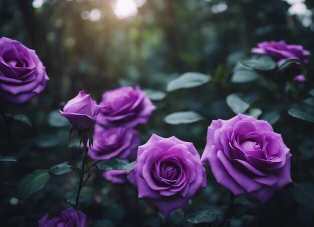 Un jardín de rosas púrpuras