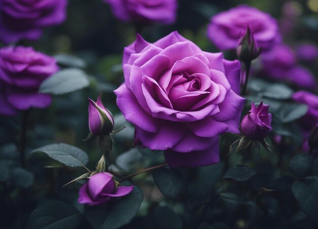 Un jardín de rosas púrpuras