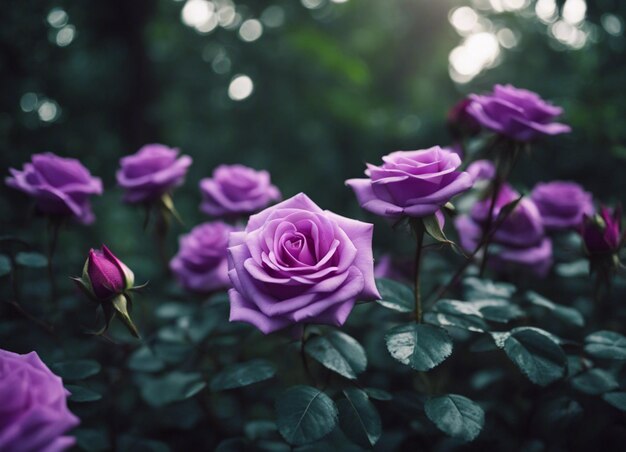 Un jardín de rosas púrpuras