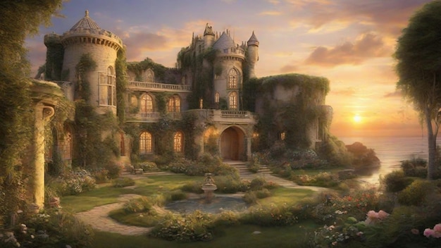 Jardín secreto del atardecer en un castillo escondido bañado en el encanto del sol poniente