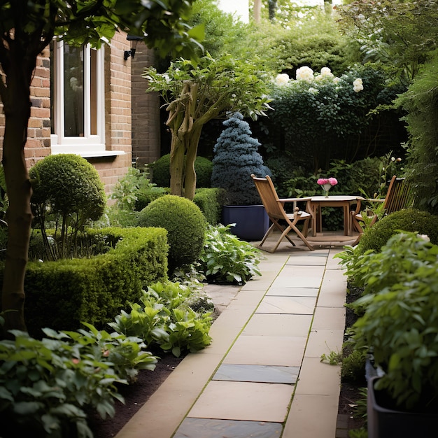 Foto jardín sencillo con bordes de adoquín y jardinero