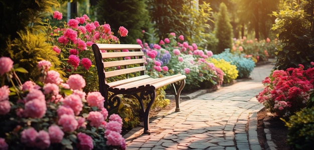 Un jardín con un sendero bordeado de flores de colores y un banco. IA generativa