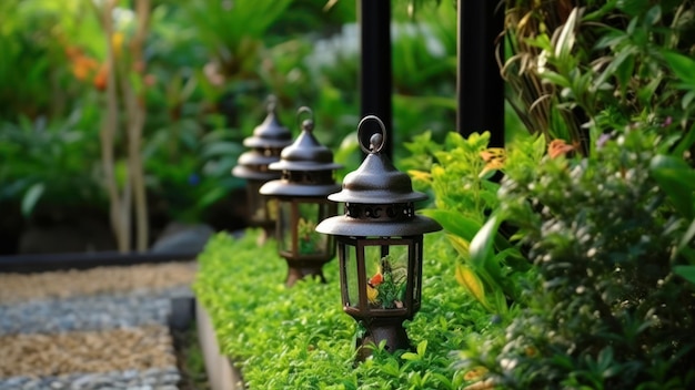 Un jardín con un sendero y farolillos en el césped.