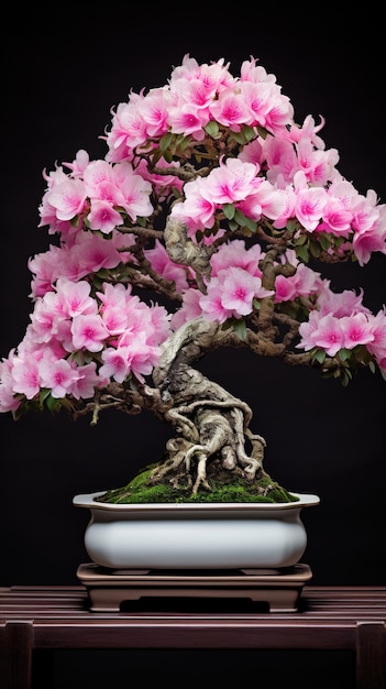 Jardín de la Serenidad Floreciendo Bonsai Flor Árbol en un Entorno Negro