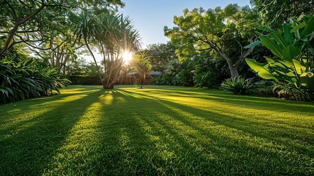 Jardín sereno al atardecer con exuberante vegetación y largas sombras Escena de naturaleza tranquila para fondos tranquilos Perfecto para contenido de bienestar IA