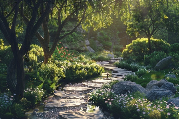 Un jardín sereno con un camino sinuoso