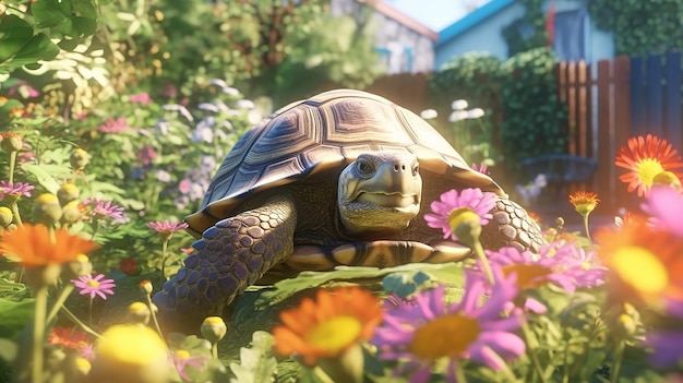 Jardín sereno Encuentro con una tortuga en un jardín de flores