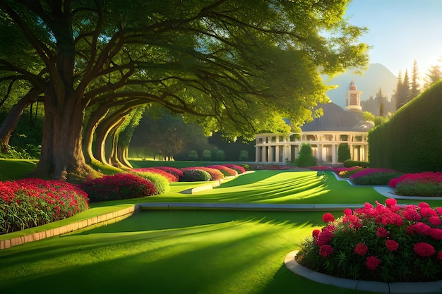 Un jardín con sol y una casa.