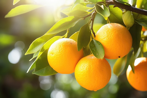 Jardín soleado de mandarinas con hojas verdes y frutas maduras