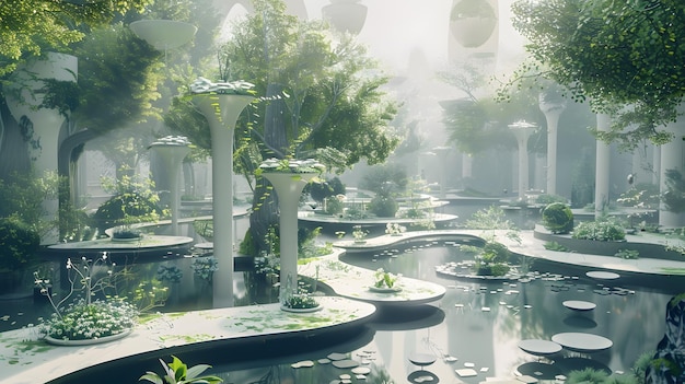 Jardín surrealista en 3D Un paisaje etéreo flotante para diseños de vanguardia