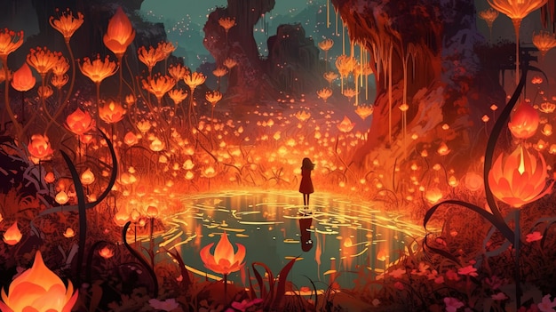 Un jardín surrealista con flores hechas de fuego Concepto de fantasía Ilustración pintura IA generativa
