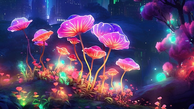 Un jardín surrealista con flores hechas de luces de neón Concepto de fantasía Ilustración pintura IA generativa