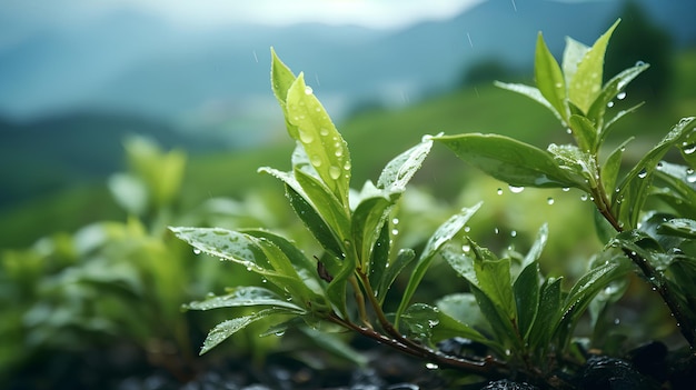 Jardín de té en China Escena real después de la lluvia de primavera Nuevos brotes