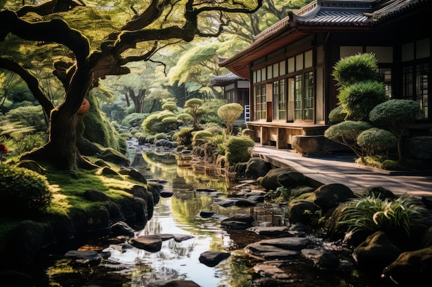 Jardín tranquilo con un arroyo goteante y árboles de bonsai IA generativa
