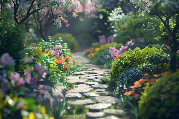 Un jardín tranquilo con caminos de piedra y flores