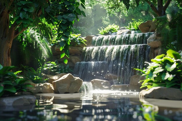 Un jardín tranquilo con una cascada que gotea