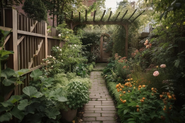 Un jardín tranquilo con un enrejado de madera y una cerca alta que crea un santuario privado